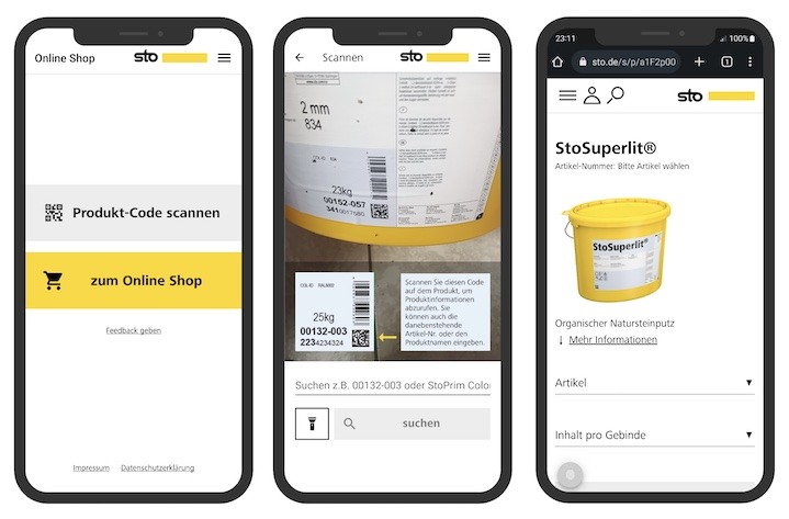 Drei Ansichten der mit Fachhandwerkern validierten Sto-App: Startseite, Produkt-Code scannen und Produktinformation